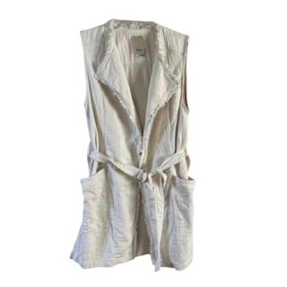 Anthropologie Elevenses Luna Frayed Linen Vest Off White Belted Size Medium - Picture 6 of 10